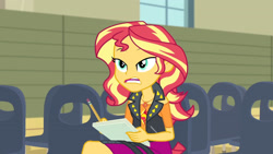 Size: 3410x1920 | Tagged: safe, screencap, sunset shimmer, equestria girls, g4, my little pony equestria girls: better together, rarity investigates: the case of the bedazzled boot, clothes, cutie mark, cutie mark on clothes, female, geode of empathy, jacket, jewelry, leather, leather jacket, magical geodes, necklace, open mouth, pencil, solo