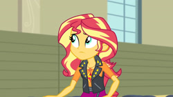 Size: 3410x1920 | Tagged: safe, screencap, sunset shimmer, equestria girls, g4, my little pony equestria girls: better together, rarity investigates: the case of the bedazzled boot, clothes, cutie mark, cutie mark on clothes, female, geode of empathy, jacket, jewelry, leather, leather jacket, magical geodes, necklace, solo