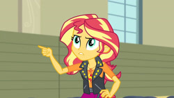 Size: 3410x1920 | Tagged: safe, screencap, sunset shimmer, equestria girls, g4, my little pony equestria girls: better together, rarity investigates: the case of the bedazzled boot, clothes, cutie mark, cutie mark on clothes, female, geode of empathy, hand on hip, high res, jewelry, leather, leather vest, magical geodes, necklace, pointing, shoulderless shirt, skirt, solo, spikes, teeth, vest