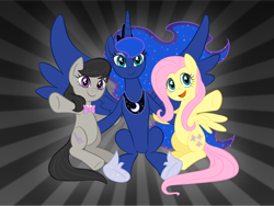 Size: 1024x768 | Tagged: safe, artist:purpletinker, fluttershy, octavia melody, princess luna, alicorn, earth pony, pegasus, pony, g4, 2017, female, open mouth, open smile, smiling, trio