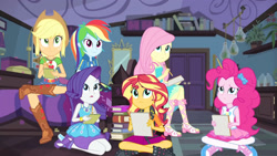 Size: 3410x1920 | Tagged: safe, screencap, applejack, fluttershy, pinkie pie, rainbow dash, rarity, sunset shimmer, equestria girls, g4, my little pony equestria girls: better together, the finals countdown, applejack's hat, belt, boots, bracelet, clothes, cowboy boots, cowboy hat, cutie mark, cutie mark on clothes, denim skirt, female, geode of fauna, geode of shielding, geode of sugar bombs, geode of super speed, geode of super strength, hat, high heels, high res, hoodie, jacket, jewelry, leather, leather jacket, magical geodes, necklace, open mouth, pencil, rarity peplum dress, sandals, shoes, skirt, tank top