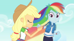 Size: 3410x1920 | Tagged: safe, screencap, applejack, rainbow dash, equestria girls, equestria girls series, the finals countdown, applejack's hat, belt, clothes, cowboy hat, denim skirt, duo, duo female, eyes closed, female, geode of super speed, geode of super strength, great moments in animation, hat, high res, jewelry, magical geodes, necklace, rainbow trail, skirt, smiling
