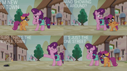 Size: 1280x720 | Tagged: safe, edit, edited screencap, editor:quoterific, screencap, amethyst skim, flower flight, ivy vine, scootaloo, sugar belle, sunny song, pegasus, pony, unicorn, g4, hard to say anything, season 7, bag, eyes closed, facial hair, female, filly, glasses, male, mare, moustache, open mouth, saddle bag, spread wings, stallion, wings
