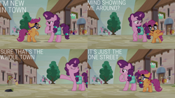 Size: 1280x720 | Tagged: safe, edit, edited screencap, editor:quoterific, screencap, amethyst skim, flower flight, ivy vine, scootaloo, sugar belle, sunny song, pegasus, pony, unicorn, g4, hard to say anything, season 7, bag, dialogue, eyes closed, facial hair, female, filly, glasses, groucho mask, male, mare, moustache, open mouth, saddle bag, spread wings, stallion, wings