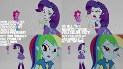 Size: 1280x720 | Tagged: safe, edit, edited screencap, editor:quoterific, screencap, pinkie pie, rainbow dash, rarity, equestria girls, equestria girls specials, g4, my little pony equestria girls: mirror magic, angry, annoyed, boots, bracelet, clothes, cutie mark, cutie mark on clothes, eyes closed, female, food, geode of shielding, geode of sugar bombs, geode of super speed, hairpin, jewelry, magical geodes, marshmelodrama, mirror world, necklace, open mouth, popcorn, rainbow dash is not amused, rarity being rarity, shoes, unamused