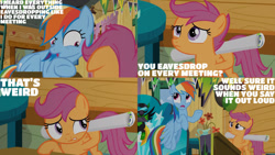 Size: 1280x720 | Tagged: safe, edit, edited screencap, editor:quoterific, screencap, rainbow dash, scootaloo, pegasus, pony, g4, season 8, the washouts (episode), clubhouse, crusaders clubhouse, female, filly, flying, mare, open mouth, pointing, poster, the washouts