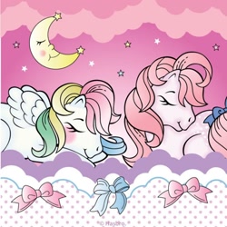 Size: 1080x1080 | Tagged: safe, artist:mylittleponyjpn, part of a set, cotton candy (g1), starshine, pegasus, pony, g1, official, blushing, instagram, moon, sleeping