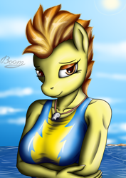 Size: 1282x1806 | Tagged: safe, artist:bomzzzik, spitfire, pegasus, anthro, g4, beach, clothes, cloud, crossed arms, day, digital art, female, looking at you, ocean, outdoors, signature, sky, smiling, smiling at you, solo, spitfire's whistle, sun, swimsuit, uniform, water, whistle, whistle necklace, wonderbolts, wonderbolts uniform
