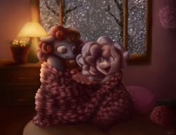 Size: 1280x984 | Tagged: safe, artist:liksmowio, oc, oc only, oc:cotton cozy, oc:knitsy, earth pony, pony, blanket, female, lamp, mare, snow, snowfall, tree, window