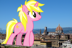 Size: 3000x2000 | Tagged: safe, artist:cloudy glow, artist:thegiantponyfan, sunshine smiles, pony, unicorn, g4, female, florence, giant pony, giant unicorn, giantess, high res, highrise ponies, irl, italy, macro, mare, mega giant, photo, ponies in real life