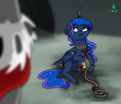 Size: 961x832 | Tagged: safe, artist:joan-grace, king sombra, princess luna, alicorn, pony, g4, bondage, collar, duo, ethereal mane, female, femsub, horn, leash, lunasub, male, maledom, mare, scared, signature, slave, starry mane, story included, submissive, wings