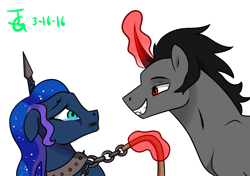 Size: 1222x860 | Tagged: safe, artist:joan-grace, king sombra, princess luna, alicorn, pony, g4, bondage, collar, crying, duo, ethereal mane, female, glowing horn, horn, magic, magic suppression, male, mare, signature, simple background, slave, smiling, smirk, stallion, starry mane, story included, telekinesis, white background