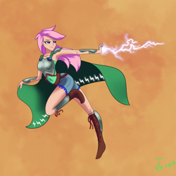 Size: 2000x2000 | Tagged: safe, artist:joan-grace, human, abstract background, boots, cape, clothes, female, glowing hands, high res, humanized, lightning, looking back, shoes, signature, smiling, solo