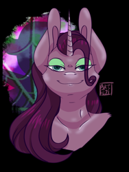 Size: 1536x2048 | Tagged: safe, artist:artfestation, oc, oc only, unicorn, anthro, abstract background, bedroom eyes, horn, signature, smiling, solo, unicorn oc