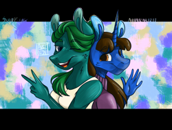 Size: 2048x1536 | Tagged: safe, artist:artfestation, oc, oc only, earth pony, pony, unicorn, abstract background, clothes, duo, earth pony oc, horn, one eye closed, peace sign, smiling, unicorn oc, waving, wink