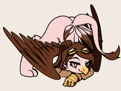 Size: 2062x1547 | Tagged: safe, artist:circle edward, oc, oc:zahnrad, griffon, clothes, face down ass up, female, goggles, jack-o challenge, looking at you, meme, ponytail, raised tail, spread legs, spread wings, spreading, tail, tail feathers, wings