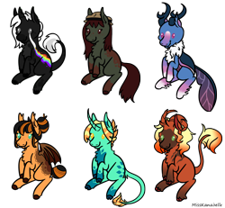 Size: 1950x1800 | Tagged: safe, artist:misskanabelle, oc, oc only, bat pony, changedling, changeling, earth pony, pony, unicorn, bat pony oc, bat wings, changedling oc, changeling oc, chest fluff, earth pony oc, hat, horn, leonine tail, simple background, transparent background, unicorn oc, wings
