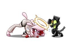Size: 1800x1200 | Tagged: safe, artist:thescornfulreptilian, pom (tfh), dog, lamb, sheep, them's fightin' herds, chains, cloven hooves, community related, duo, face down ass up, female, guilty gear, jack-o challenge, jack-o' valentine, lip bite, meme, nervous, simple background, white background