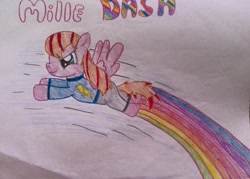 Size: 960x688 | Tagged: safe, artist:milledpurple, oc, oc only, pegasus, pony, clothes, flying, pegasus oc, rainbow, rainbow trail, smiling, solo, traditional art, wings