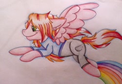 Size: 960x666 | Tagged: safe, artist:milledpurple, oc, oc only, pegasus, pony, clothes, flying, pegasus oc, rainbow, rainbow trail, smiling, solo, traditional art, wings