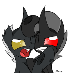 Size: 1000x1000 | Tagged: safe, artist:srmario, oc, oc only, oc:platan, oc:reinflak, changeling, bust, changeling oc, duo, fangs, male, open mouth, red changeling, red eyes, signature, simple background, transparent background