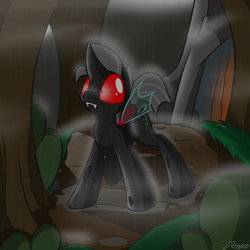 Size: 1174x1174 | Tagged: safe, artist:srmario, oc, oc only, oc:reinflak, changeling, changeling oc, cute, forest, outdoors, rain, red changeling, red eyes, signature, solo, wide eyes