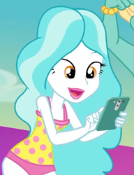 Size: 443x577 | Tagged: safe, screencap, paisley, zephyr breeze, human, equestria girls, g4, i'm on a yacht, my little pony equestria girls: better together, cellphone, clothes, cropped, female, one-piece swimsuit, phone, polka dot swimsuit, smartphone, swimsuit