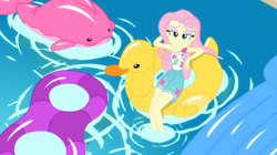Size: 1920x1073 | Tagged: safe, screencap, fluttershy, equestria girls, g4, i'm on a yacht, my little pony equestria girls: better together, floaty, inflatable bird, inflatable duck, inflatable whale, inner tube, pool toy, rose and pink inflatable whale, rose inflatable whale, solo, swimming pool