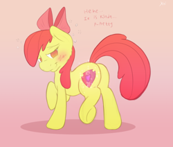 Size: 500x423 | Tagged: safe, artist:23we, apple bloom, earth pony, pony, g4, blushing, butt, cheek fluff, cutie mark, female, filly, gradient background, looking back, plot, raised hoof, raised leg, raised tail, smiling, solo, tail, text