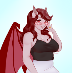 Size: 1366x1394 | Tagged: safe, artist:bylullabysoft, oc, oc only, oc:scarlet quill, bat pony, anthro, anthro oc, bat pony oc, big breasts, breasts, cleavage, clothes, digital art, fangs, female, glasses, gradient background, jewelry, lips, long nails, mare, milf, mother, red eyes, red hair, ring, signature, slit pupils, smiling, solo, wedding ring