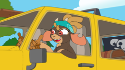 Size: 3840x2160 | Tagged: safe, artist:ljdamz1119, shanty (tfh), goat, them's fightin' herds, chest, community related, douchebag, driving, family guy, flag, gold tooth, high res, hummer, jerk, male, meme, pirate, rectangular pupil, ship wheel, solo, vehicle