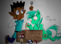 Size: 1024x745 | Tagged: safe, artist:gafelpoez, lyra heartstrings, humanoid, pony, unicorn, g4, clock, crossover, floppy disk, fork, gus porter, humie, nintendo entertainment system, obsession, that pony sure does love humans, the owl house, witch