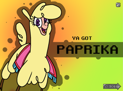 Size: 1017x753 | Tagged: safe, artist:hitsuji, paprika (tfh), alpaca, banned from equestria daily, them's fightin' herds, banned from foenum, carpet, cloven hooves, community related, implied sex, looking at you, smiling, solo, splash art, style emulation, ya got