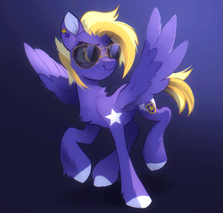 Size: 1425x1362 | Tagged: safe, artist:draw3, oc, oc only, oc:lila lilark, pegasus, pony, birthmark, blonde mane, cutie mark, looking sideways, purple coat, solo, star birthmark, sunglasses