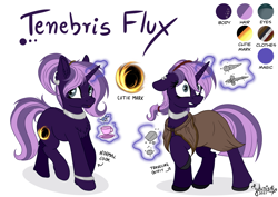 Size: 4093x2894 | Tagged: safe, artist:julunis14, oc, oc only, oc:tenebris flux, pony, unicorn, bracelet, clothes, color palette, commission, cup, cutie mark, digital, ear piercing, earring, food, jewelry, magic, piercing, reference sheet, rock, scared, shoes, tea, teacup