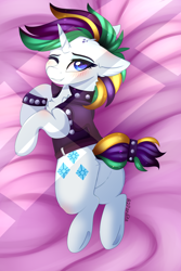 Size: 2934x4400 | Tagged: safe, artist:2pandita, rarity, pony, unicorn, g4, alternate hairstyle, blushing, body pillow, body pillow design, butt, female, lying down, mare, one eye closed, plot, punk, raripunk, solo