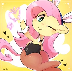 Size: 1839x1800 | Tagged: safe, artist:fuyugi, fluttershy, pegasus, pony, g4, bunny ears, bunny suit, clothes, cuffs (clothes), cute, female, flutterbunny, looking at you, mare, one eye closed, shyabetes, smiling, solo, waving, white pupils, wink, winking at you