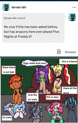 Size: 1168x1825 | Tagged: safe, artist:ask-luciavampire, oc, changeling, earth pony, pegasus, pony, unicorn, ask ponys gamer club, ask, game, tumblr
