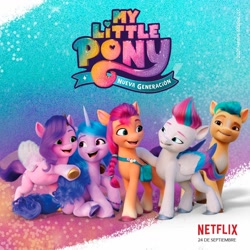 Size: 1080x1080 | Tagged: safe, hitch trailblazer, izzy moonbow, pipp petals, sunny starscout, zipp storm, earth pony, pegasus, pony, unicorn, g5, my little pony: a new generation, female, male, mane five, mare, netflix, netflix logo, spanish, stallion