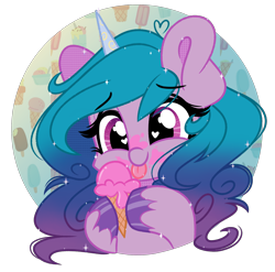 Size: 1846x1821 | Tagged: safe, artist:emberslament, izzy moonbow, pony, unicorn, g5, curly mane, cute, female, food, gradient mane, happy, heart eyes, hoof hold, ice cream, ice cream cone, icon, izzybetes, mare, messy eating, simple background, solo, tongue out, transparent background, unshorn fetlocks, wingding eyes