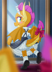 Size: 884x1200 | Tagged: safe, artist:uotapo, smolder, dragon, g4, bloomers, bow, butt, clothes, cute, dragoness, dress, female, female pov, looking back, maid, maid headdress, mirror, pov, puffy sleeves, reflection, shoes, smiling, smolder also dresses in style, smolderbetes, solo, tail bow, tail hole, uotapo is trying to murder us