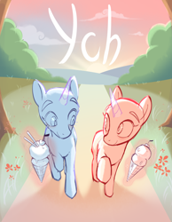 Size: 3888x5000 | Tagged: safe, artist:littmosa, pony, commission, duo, food, ice cream, magic, sunset, your character here