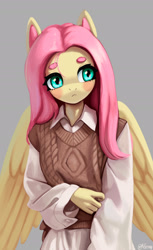Size: 1607x2628 | Tagged: safe, artist:mrscroup, fluttershy, anthro, beanbrows, clothes, eyebrows, gray background, oversized clothes, oversized shirt, shirt, simple background, solo, sweater, sweater vest, sweatershy
