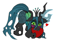 Size: 625x450 | Tagged: safe, queen chrysalis, changeling, changeling queen, g4, biting, blushing, cute, face down ass up, female, floating heart, floppy ears, heart, looking at you, simple background, solo, white background