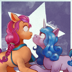 Size: 5000x5000 | Tagged: safe, artist:marhafka, izzy moonbow, sunny starscout, earth pony, pony, unicorn, g5, :o, abstract background, absurd file size, absurd resolution, female, imminent kissing, lesbian, looking at each other, mare, open mouth, ship:moonscout, shipping, smiling, surprised