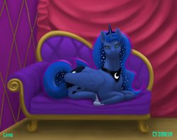 Size: 1300x1023 | Tagged: safe, artist:soobel, princess luna, alicorn, pony, g4, couch, looking at you, lying down, prone, solo