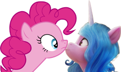 Size: 837x497 | Tagged: safe, edit, izzy moonbow, pinkie pie, earth pony, pony, unicorn, g4, g5, boop, duo, eye contact, female, izzy and her heroine, looking at each other, mare, noseboop, simple background, the new pinkie pie, transparent background