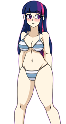 Size: 975x1818 | Tagged: safe, artist:_mssj9, derpibooru exclusive, twilight sparkle, human, g4, bikini, blushing, breasts, busty twilight sparkle, clothes, humanized, looking away, pattern, simple background, solo, striped swimsuit, swimsuit, transparent background