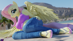 Size: 5120x2880 | Tagged: safe, artist:shadowboltsfm, fluttershy, pegasus, anthro, plantigrade anthro, g4, 3d, 4k, adorasexy, beach, blender, bra, breasts, busty fluttershy, clothes, crop top bra, cute, eyelashes, feet, female, flip-flops, jeans, looking at you, nail polish, not sfm, pants, sexy, sitting, smiling, solo, toenail polish, underwear, wings