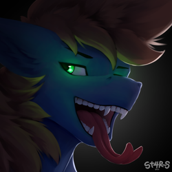 Size: 2000x2000 | Tagged: safe, artist:st4rs6, oc, oc only, oc:warly, bat pony, pony, bust, fangs, forked tongue, glowing eyes, high res, long tongue, male, maw, mawshot, open mouth, portrait, simple background, solo, stallion, tongue out